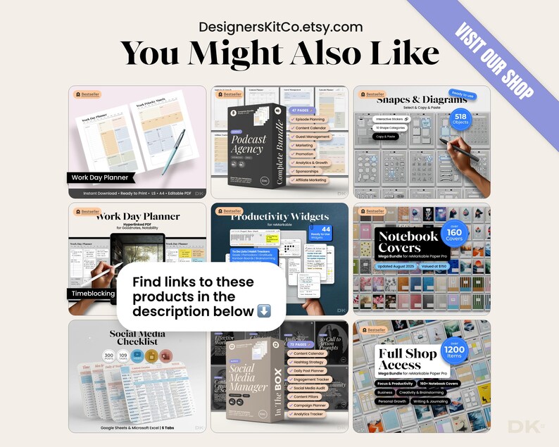 以下が含まれることがあります： DesignersKitCo.etsy.comのプロモーション画像。デジタル製品のグリッドが表示されています。製品には、生産性、ソーシャルメディア、ポッドキャスティング用のプランナー、テンプレート、バンドルが含まれています。「You Might Also Like」というテキストが表示されています。