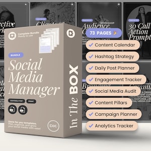 May include: A brown box with the text "In The Box" printed vertically on the side. The box contains a bundle of social media management templates, including a content calendar, hashtag strategy, daily post planner, engagement tracker, social media audit, content pillars, campaign planner, and analytics tracker. The box is labelled "Social Media Manager" and includes 73 pages of templates.