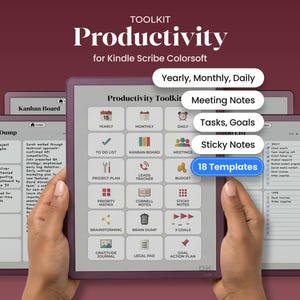 May include: A digital productivity toolkit for Kindle Scribe Colorsoft featuring 18 templates including Yearly, Monthly, Daily, Meeting Notes, Tasks, Goals, and Sticky Notes. The interface displays a grid of icons for project planning, tracking, and note-taking.