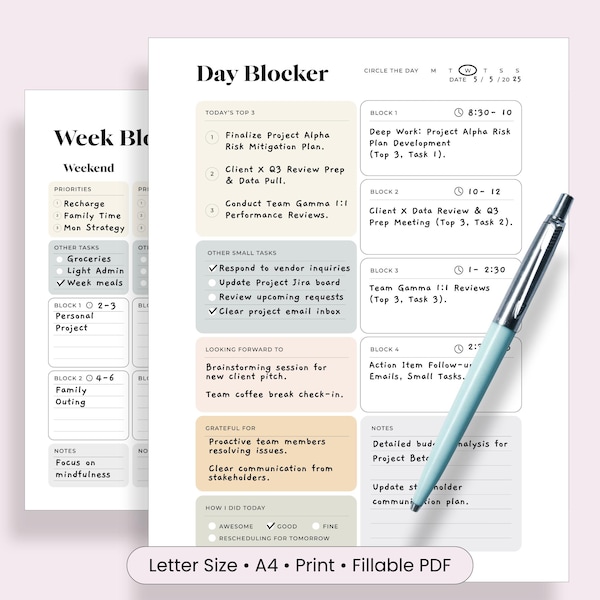 Time Blocking Planner Digital Download Template Printable Task Management System Organizer Weekly Schedule Planning Tool Efficiency Calendar