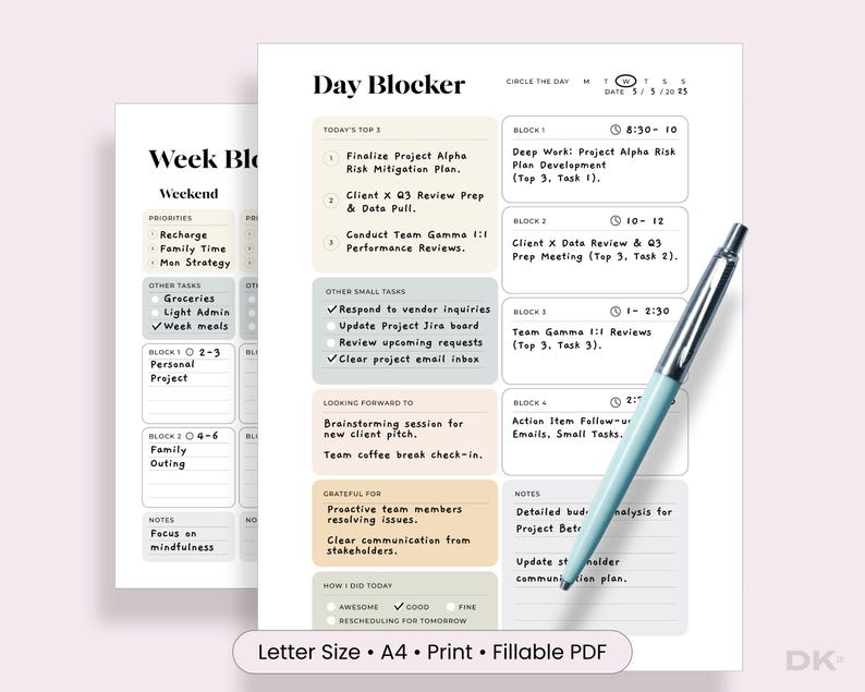 Time Blocking Planner Digital Download Template Professional Organization System Weekly Schedule Layout Task Management Tools Priority Planning Sections Focus Tab Design Productivity Enhancement System Print Ready Format Daily Planning