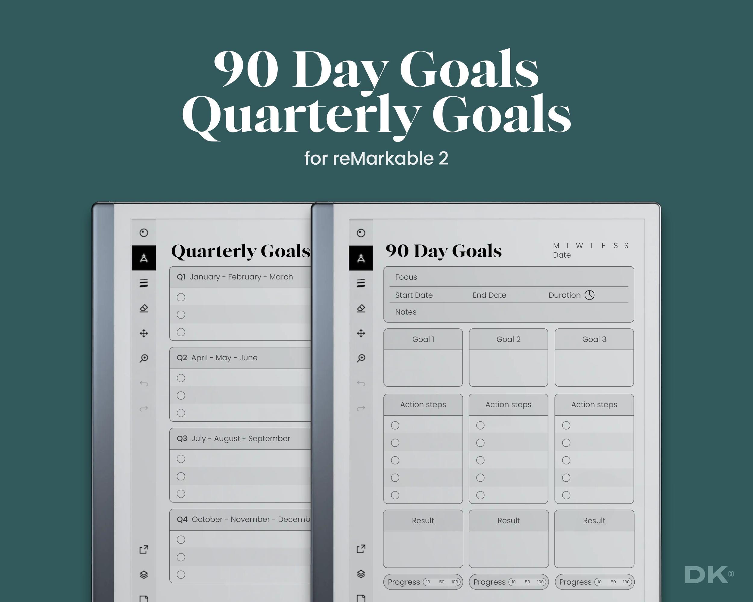 Goal Planner for Remarkable 2 Template Dark Mode Goal Setting Task List Digital Template 90 Day Goals Quarterly Goal Wide Space Rule for rM2