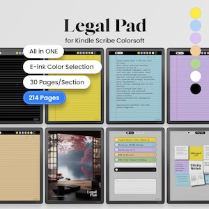 Puede incluir: Un bloc de notas digital para Kindle Scribe Colorsoft, con varias opciones de color y diseños de página. La imagen muestra múltiples páginas digitales con texto y notas, incluyendo "All in ONE", "E-ink Color Selection", "30 Pages/Section", y "214 Pages".