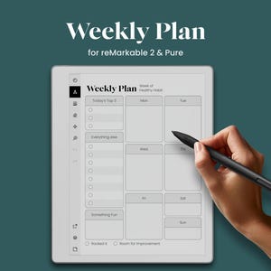 Puede incluir: Una plantilla de planificador semanal digital para tabletas reMarkable 2 y Pure. La pantalla muestra un diseño con secciones para Today's Top 3, Everything else, Something Fun y columnas diarias de lunes a domingo, con un lápiz óptico negro.