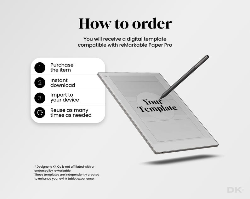 May include: How to order a digital template compatible with reMarkable Paper Pro. The steps are: purchase the item, instant download, import to your device, and reuse as many times as needed. The image shows a reMarkable tablet with a stylus and a circle with the text "Your Template".