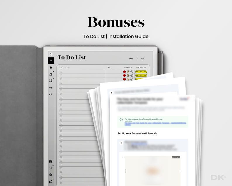 Pode incluir: Um tablet digital exibindo um modelo de "To Do List", com uma caneta stylus e uma pilha de guias impressos. Os textos "Bonuses" e "To Do List | Installation Guide" s&atilde;o vis&iacute;veis. O tablet mostra uma lista de tarefas com indicadores de prioridade e progresso.