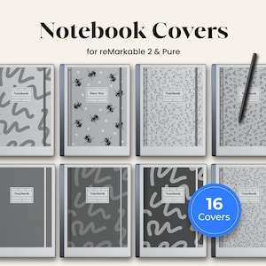 Könnte beinhalten: Eine Auswahl von 16 Notizbuchhüllen für reMarkable 2 & Pure, mit verschiedenen grau-weißen Mustern, darunter abstrakte Formen, florale Designs und ein "Busy Bee"-Thema. Ein Stift ist ebenfalls vorhanden. Der Text "Notebook Covers" und "16 Covers" sind sichtbar.