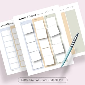 Tablero Kanban, plantilla imprimible de gestión de proyectos, seguimiento de tareas, planificador de negocios en formato PDF, descarga digital, organizador de flujo de trabajo en formato carta A4, herramienta para equipos.