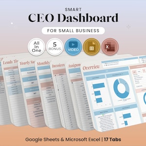 Small Business CEO Dashboard All in One Spreadsheet for Google Sheets Excel Invoice Tracker Client CRM Budget Lead Log