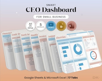 Small Business CEO Dashboard All in One Spreadsheet for Google Sheets Excel Invoice Tracker Client CRM Budget Lead Log