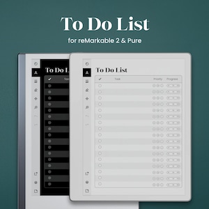 Op de afbeelding: Een digitale takenlijstsjabloon voor reMarkable 2 en Pure tablets. Het scherm toont een interface voor taakbeheer met kolommen voor taak, prioriteit en voortgang, inclusief een zijbalk met navigatiepictogrammen op een lichtgrijze achtergrond.