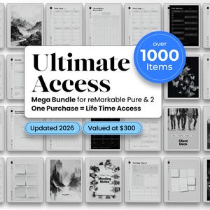 Puede incluir: Un paquete de planificadores digitales para tabletas reMarkable con una cuadrícula de varias plantillas, incluyendo rastreadores de objetivos, notas de reuniones e imágenes de paisajes. El texto central dice Ultimate Access Mega Bundle.