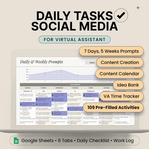 Checklista för virtuell assistent i sociala medier för Google Sheets-mall Lista över sociala mediekoordinatorer Dagliga uppgifter för VA-innehållskoordinator