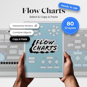May include: A person holding a tablet displaying flow chart diagrams. The tablet screen shows the words "Flow Charts" and "Select & Copy & Paste". Additional text includes "Interactive Stickers", "Combine Objects", and "Copy & Paste". A blue circle reads "80 Shapes".