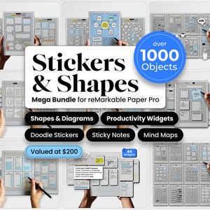 Puede incluir: Un mega paquete digital para reMarkable Paper Pro, con pegatinas, formas, diagramas, widgets de productividad, pegatinas de garabatos, notas adhesivas y mapas mentales. La imagen incluye el texto "Stickers & Shapes" y "Over 1000 Objects."
