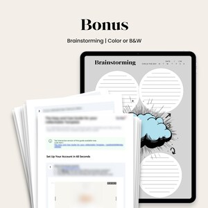 May include: A digital tablet displaying a brainstorming template with lined circles and a blue cloud graphic. The text "Brainstorming" is visible. A stack of white papers with text is in the foreground. The text "Bonus" is at the top.