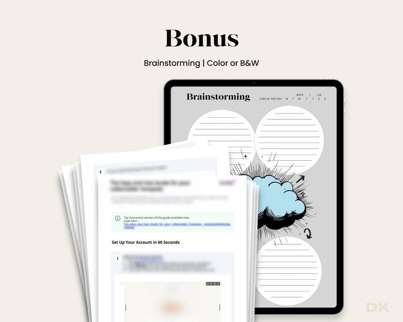 May include: A digital tablet displaying a brainstorming template with lined circles and a blue cloud graphic. The text "Brainstorming" is visible. A stack of white papers with text is in the foreground. The text "Bonus" is at the top.