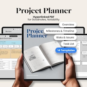 Könnte beinhalten: Ein digitaler Projektplaner als hyperverlinktes PDF für Goodnotes und Notability. Die Oberfläche zeigt Project Planner, Overview, Milestones & Timeline, Risks & Issues, Task List und 14 Templates. Mehrere Tablet-Bildschirme zeigen Projektübersichten.