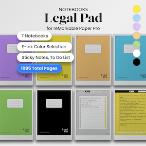 May include: A digital notebook set for reMarkable Paper Pro, featuring seven notebooks with e-ink color selection and sticky notes. The notebooks come in various colors, including purple, yellow, orange, and blue, with a total of 1085 pages.