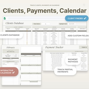 Client list and payment log — a client payment tracker, invoice management spreadsheet, small business bookkeeping template and accounts receivable dashboard.