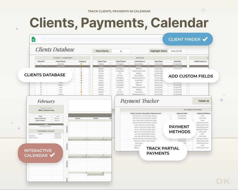 Client list and payment log — a client payment tracker, invoice management spreadsheet, small business bookkeeping template and accounts receivable dashboard.