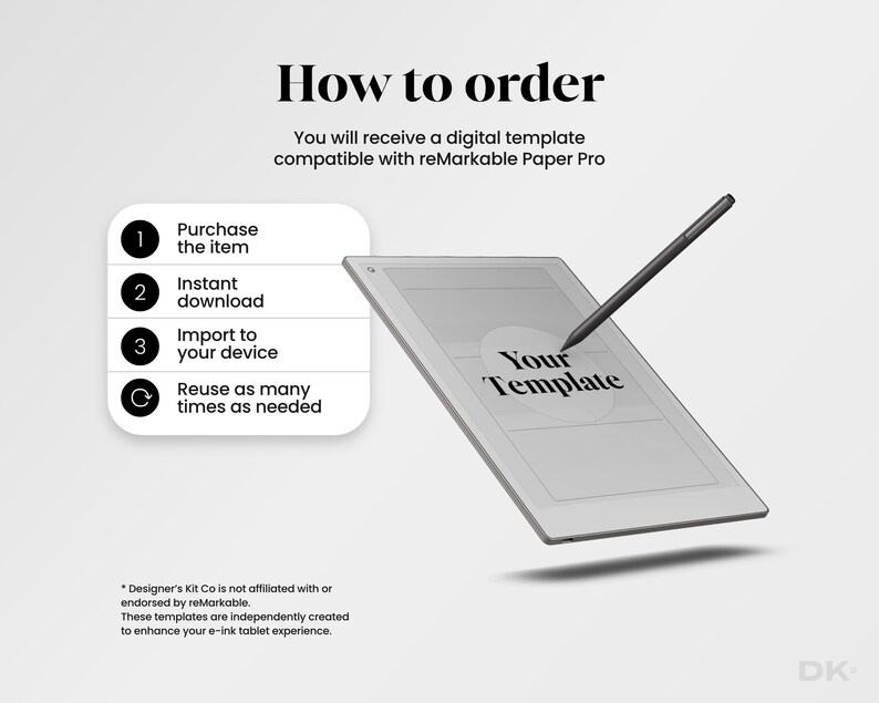 May include: A digital tablet with a stylus resting on the screen displaying the text Your Template. To the left, a list titled How to order outlines four steps: Purchase the item, Instant download, Import to your device, and Reuse as many times as needed.