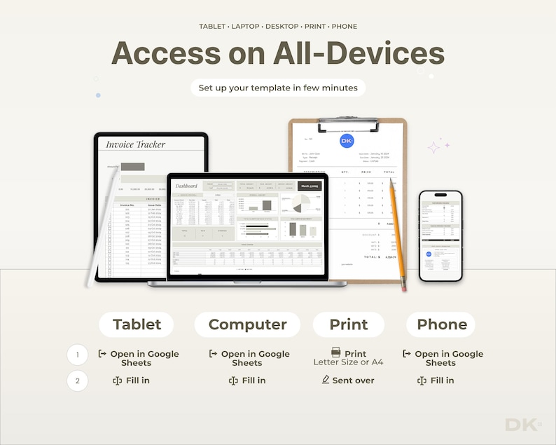 May include: An advertisement showing a tablet, laptop, printed document, and smartphone displaying a template. The text "Access on All-Devices" is displayed above the devices. The image also includes the text "Set up your template in few minutes."