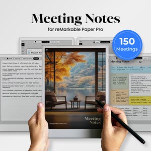 Könnte beinhalten: Digitale Besprechungsnotizen für reMarkable Paper Pro. Das Bild zeigt ein Tablet mit den Worten "Meeting Notes" und "150 Meetings". Das Tablet zeigt einen malerischen Hintergrund und eine Notizenliste. Ein Stift wird in der Hand gehalten.