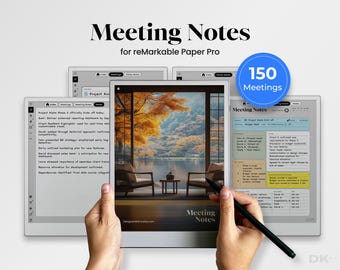 Puede incluir: Notas de reunión digitales para reMarkable Paper Pro. La imagen muestra una tableta con las palabras "Meeting Notes" y "150 Meetings". La tableta muestra un fondo escénico y una lista de notas. Un lápiz óptico se sostiene en la mano.