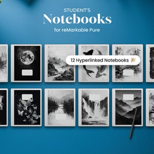 Può includere: Una collezione di 12 quaderni digitali per reMarkable Pure, disposti su due file. Ogni quaderno presenta un design di copertina artistico unico in bianco e nero, un'etichetta rettangolare bianca e uno stilo posizionato in basso a destra.