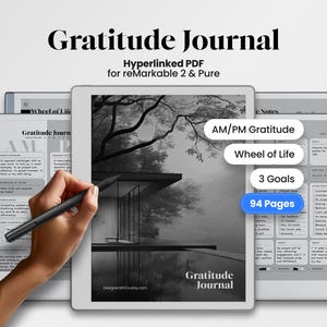 以下が含まれることがあります： reMarkable 2およびPureタブレット用のハイパーリンク付きPDFデジタル感謝日記。画面には水辺のモダンな家の白黒画像が表示され、AM/PM Gratitude、Wheel of Life、3 Goals、94 Pagesというラベルが付けられています。