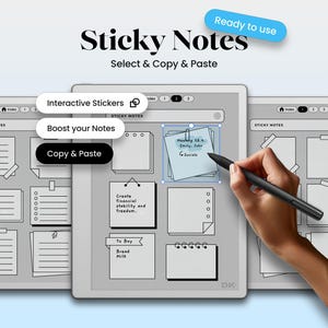 Puede incluir: Una tableta digital muestra una interfaz de aplicación de notas adhesivas con el texto "Sticky Notes" y "Select & Copy & Paste". La interfaz incluye pegatinas interactivas, un botón "Copy & Paste" y una mano sosteniendo un lápiz óptico. También se ve el texto "Ready to use".