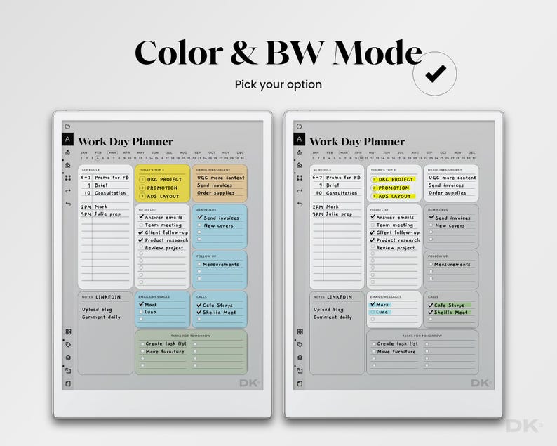 May include: A digital planner with the text "Color & BW Mode" and "Work Day Planner." The planner displays a schedule, to-do list, and notes sections. The planner has a white border and a gray background with colorful highlights.