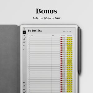 Peut inclure: Un bloc-notes num&eacute;rique blanc avec un mod&egrave;le de liste de t&acirc;ches. Le mod&egrave;le comprend des colonnes pour la t&acirc;che, la date d'&eacute;ch&eacute;ance, la priorit&eacute; et l'avancement. La colonne d'avancement comporte des cercles rouges et jaunes.