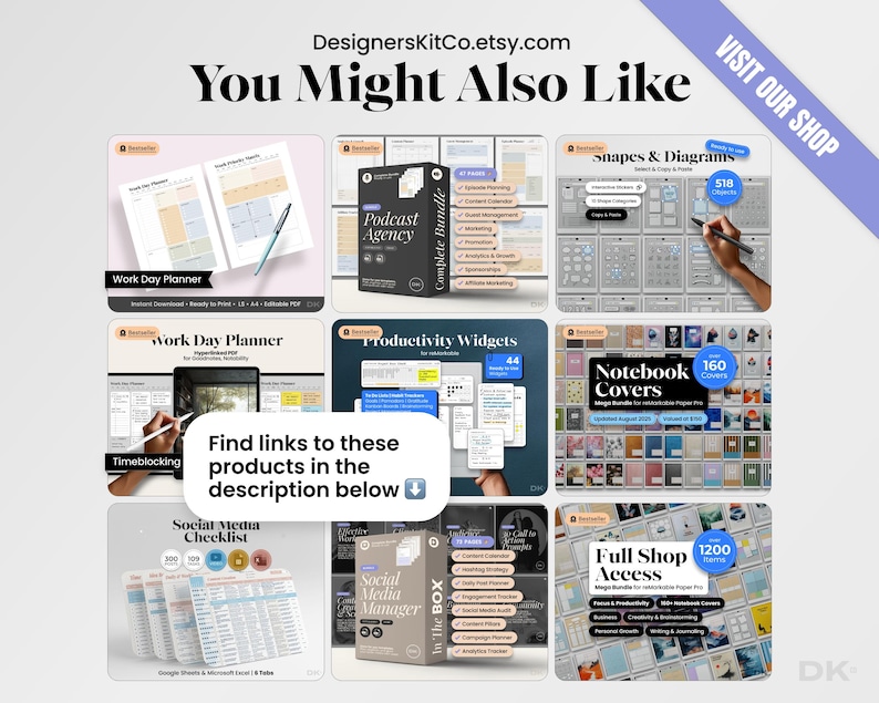 Op de afbeelding: Een promotieafbeelding met digitale producten, waaronder planners en notitieboekcovers. De afbeelding bevat de tekst "You Might Also Like" en "Find links to these products in the description below."