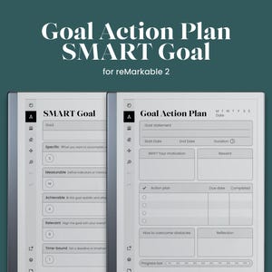 Op de afbeelding: Een zwart-witte, afdrukbare doelinstellingswerkblad voor de reMarkable 2 tablet. De werkblad bevat een SMART-doelgedeelte en een doelactieplangedeelte.