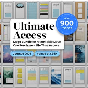 May include: A digital planner bundle for reMarkable Move, with templates for checklists, to-do lists, and meeting notes. The image shows multiple digital notebooks with the text "Ultimate Access" and "Over 900 Items."