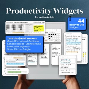 May include: A digital tablet showing productivity widgets for reMarkable, including to-do lists, habit trackers, and milestone trackers. The image features the text "Productivity Widgets" and "44 Ready to Use Widgets."