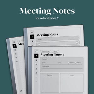 Op de afbeelding: Een close-up van een digitaal notitieblok met de tekst "Meeting Notes" en "Meeting Notes 1" op het scherm. Het notitieblok heeft een grijze rand en een witte achtergrond. De tekst is zwart.