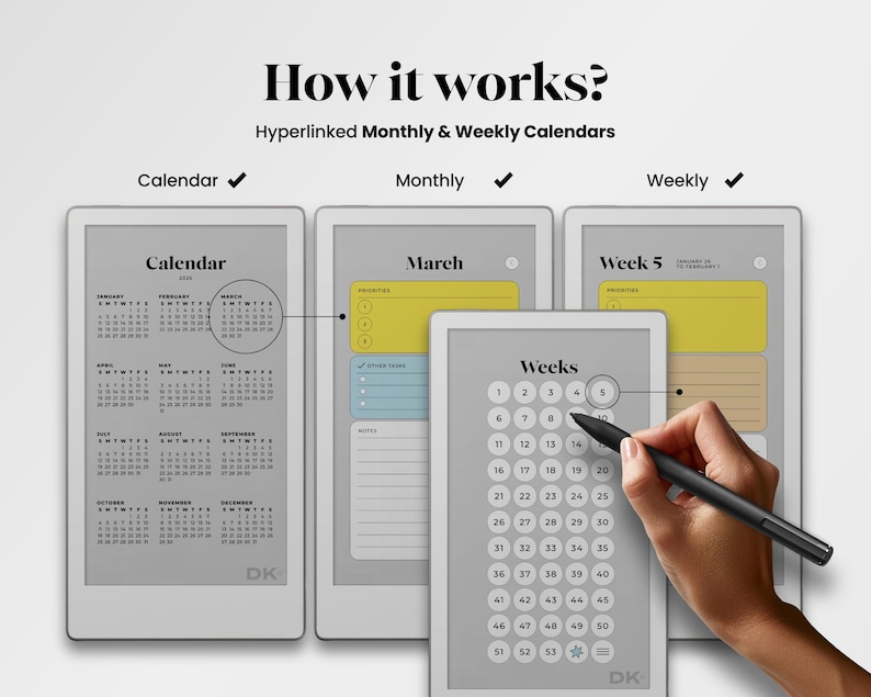 Weekly Calendar Planner for reMarkable Move Template Monthly Calendar fits reMarkable Pro Move Yearly Planner 2026 2027 Template To Do Icons