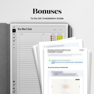Puede incluir: Una tableta digital que muestra una "To Do List" con un l&aacute;piz &oacute;ptico, acompa&ntilde;ada de p&aacute;ginas de gu&iacute;a de instalaci&oacute;n impresas. Los textos "Bonuses" y "To Do List | Installation Guide" son visibles en la parte superior. La tableta muestra una lista de tareas.