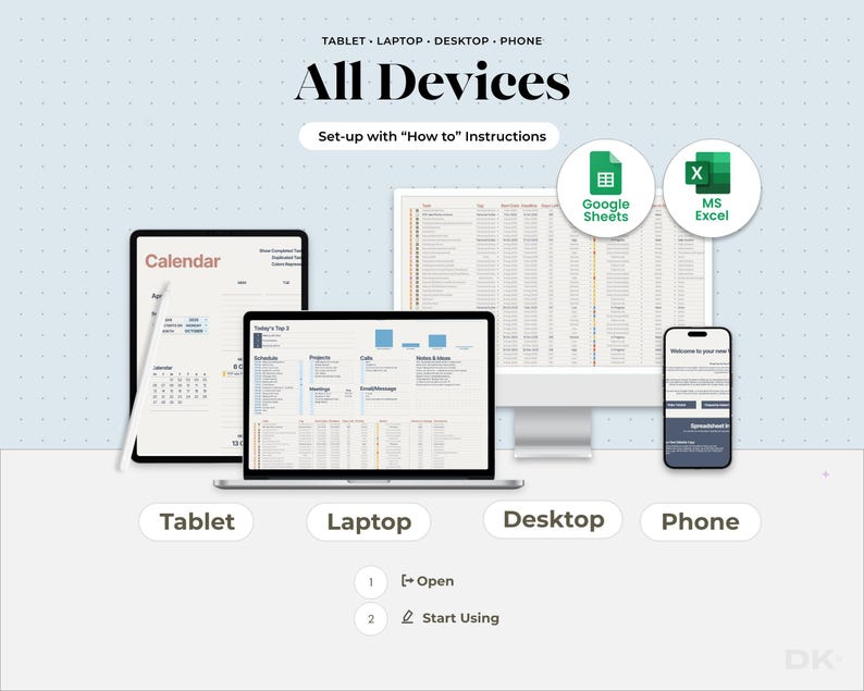 Compatibility Slide
Graphic showing Google Sheets and Microsoft Excel logos confirming the template works seamlessly on Mac, PC, phones, and tablets — reassuring entrepreneurs they can access and update their workflow from anywhere.