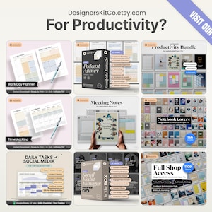 May include: A collection of digital productivity tools, including planners, bundles, and notebook covers. The image features various product mockups with text such as "Work Day Planner," "Podcast Agency," and "Daily Tasks Social Media." The products are designed for organization and time management.
