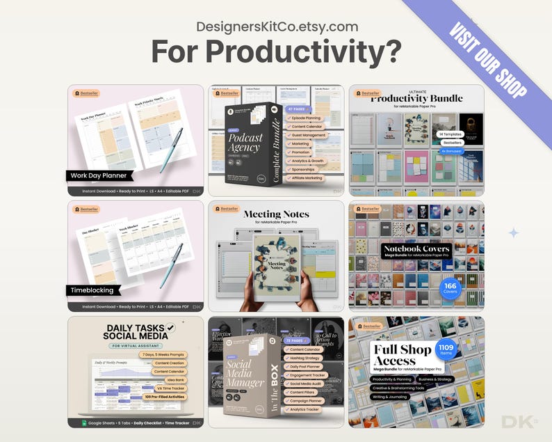 May include: A collection of digital productivity tools, including planners, bundles, and notebook covers. The image features various product mockups with text such as "Work Day Planner," "Podcast Agency," and "Daily Tasks Social Media." The products are designed for organization and time management.