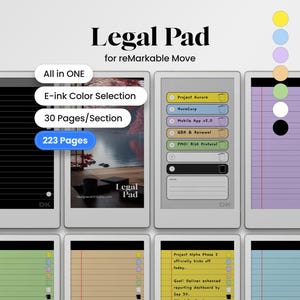 Könnte beinhalten: Ein digitales Legal Pad für reMarkable Move mit verschiedenen Farboptionen und Seitenlayouts. Das Pad bietet 223 Seiten und 30 Seiten pro Abschnitt. Das Bild enthält den Text "All in ONE", "E-ink Color Selection", "30 Pages/Section" und "223 Pages".