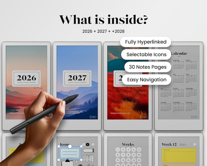 Weekly Calendar Planner for reMarkable Move Template Monthly Calendar fits reMarkable Pro Move Yearly Planner 2026 2027 Template To Do Icons