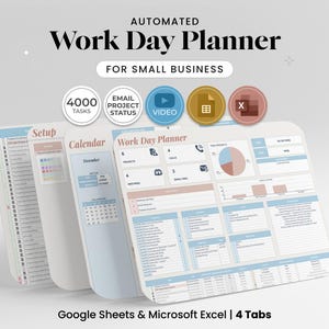 Może przedstawiać: Zautomatyzowany Plan Dnia Pracy dla małych firm. Planer zawiera zakładki do konfiguracji, kalendarza i planowania dnia pracy. Projekt jest w odcieniach niebieskiego, beżowego i białego. Kompatybilny z Arkuszami Google i programem Microsoft Excel.