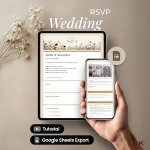 以下が含まれることがあります： タブレットとスマートフォンに表示されたデジタル結婚式 RSVP フォーム。タブレットには Sarah & Alexander の結婚式の詳細が表示され、電話には追加情報が表示されます。「Wedding」という単語が一番上にあります。