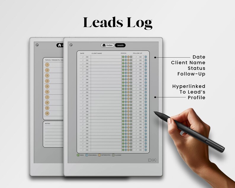 Leads Tracker for reMarkable Pro Template Client Tracker Lead Log fits reMarkable Paper Pro Sales Agency Potential Clients Notebook Manager