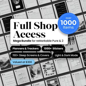 Puede incluir: Un paquete de planificadores digitales para tabletas reMarkable Pure y 2, que incluye más de 1000 artículos como planificadores, rastreadores, pegatinas y 150 pantallas de reposo. La pantalla muestra una cuadrícula de plantillas de documentos.